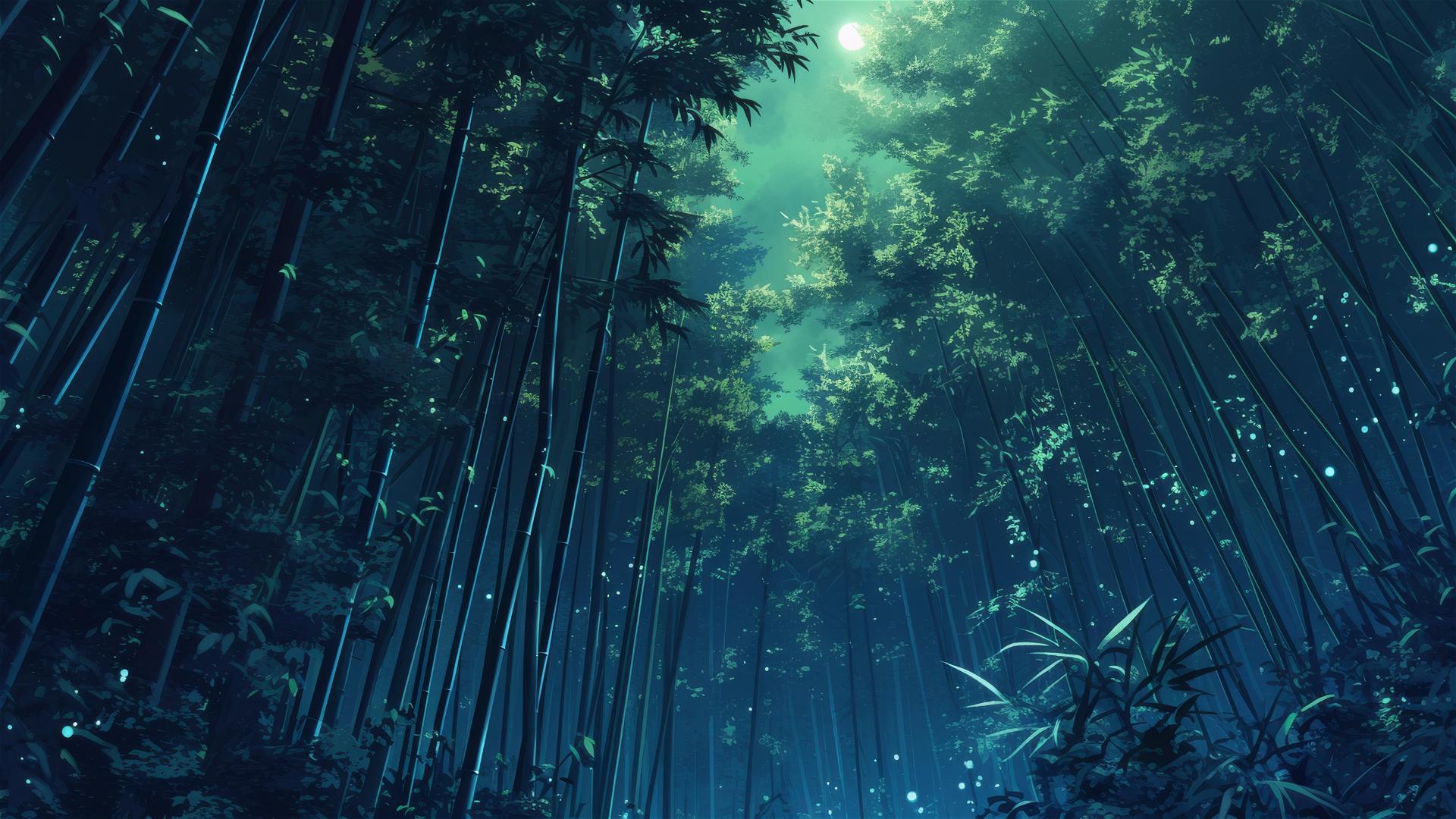 Dark bamboo grove absorbing darkness under new moon