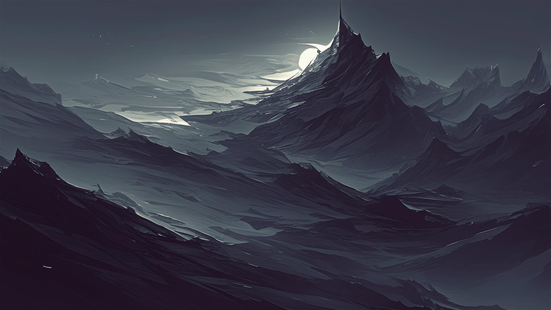 Dark mountain pass under a new moon with jagged outlines against a starless sky