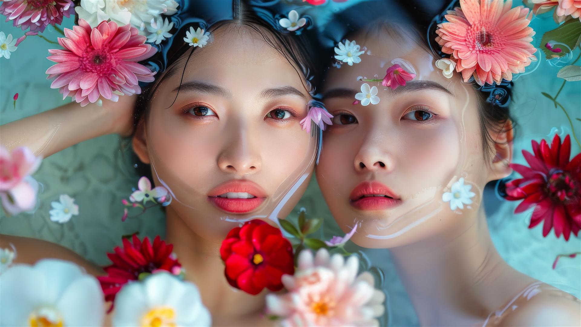 Asian women in flower-filled tub at Chinese spa