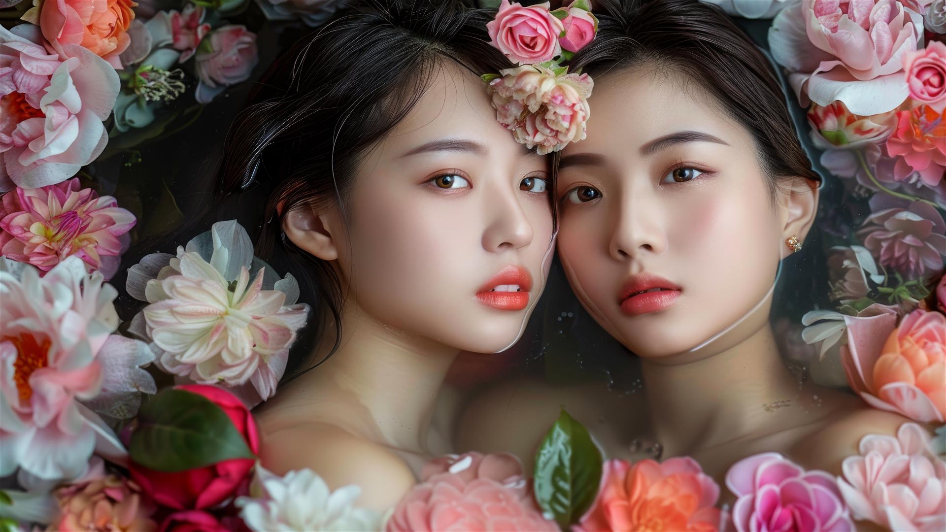 Two 20-year-old Asian women in a flower-filled tub at a Chinese spa