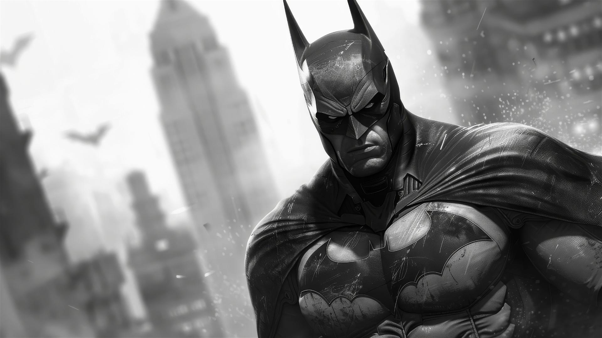 Illustrative and realistic grayscale depiction of Batman in Arkham City on a white background in a landscape format