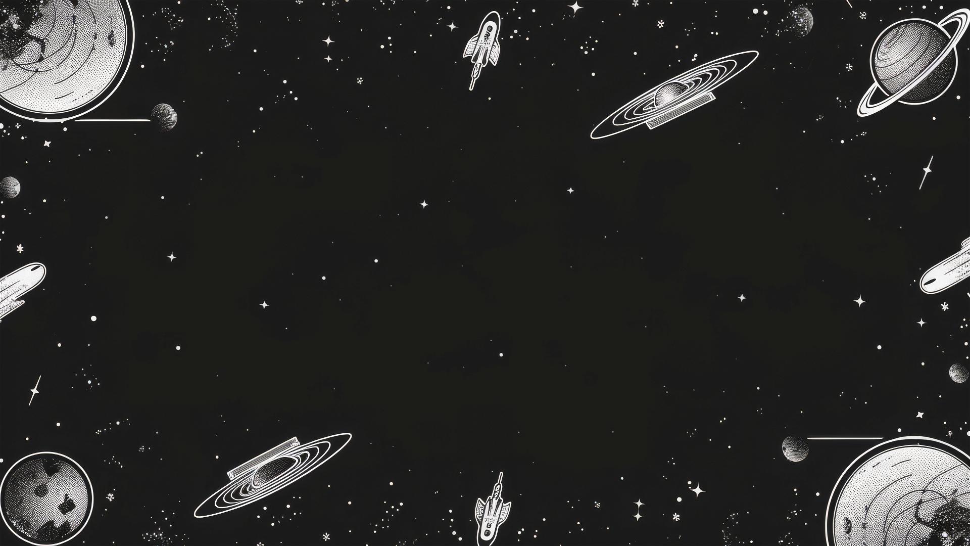 Black background with lines depicting spaceships and celestial bodies