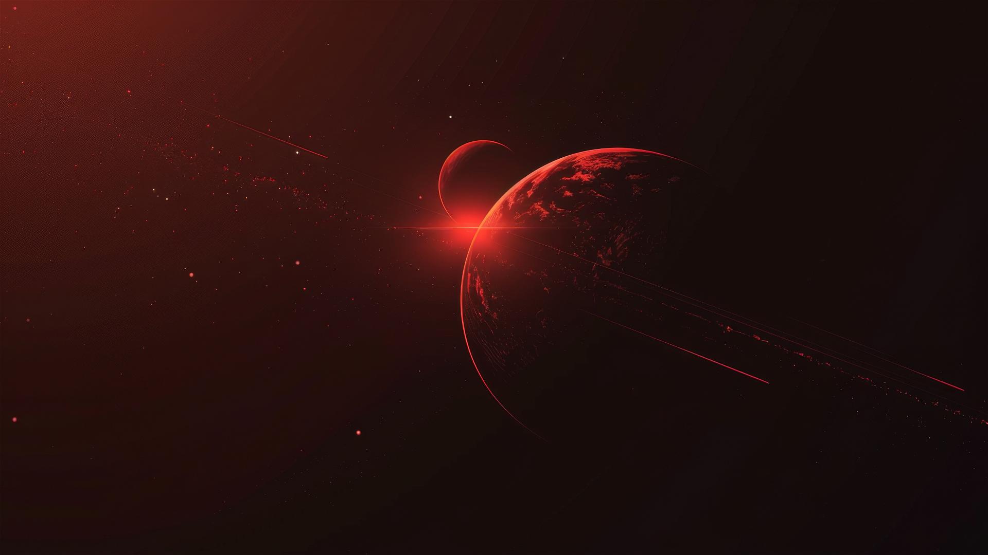 Red planet surfaces behind black sun in minimalist vector art