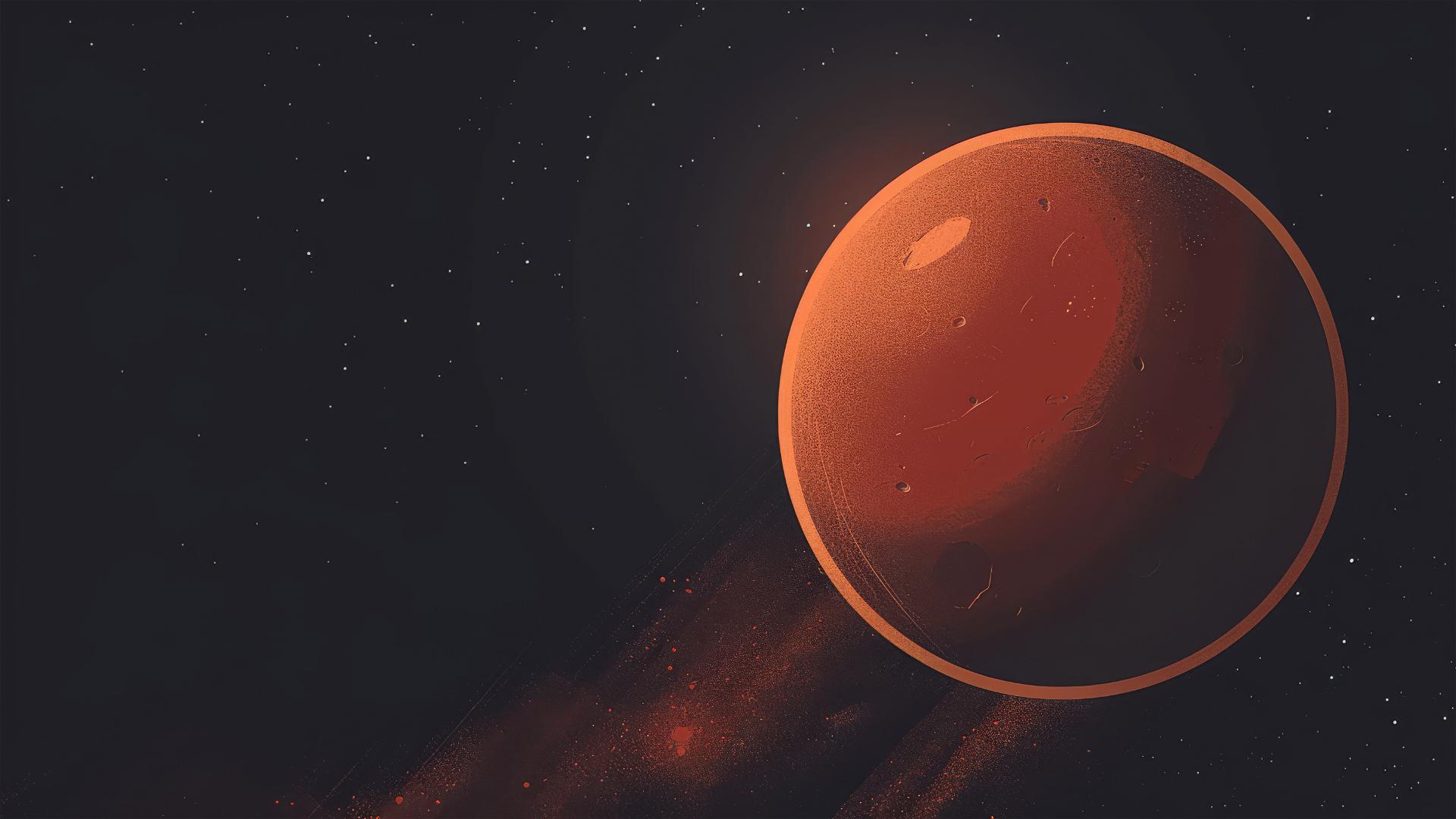 Red planet rises behind black sun in minimalist vector art with cinematic lighting and bokeh effect.
