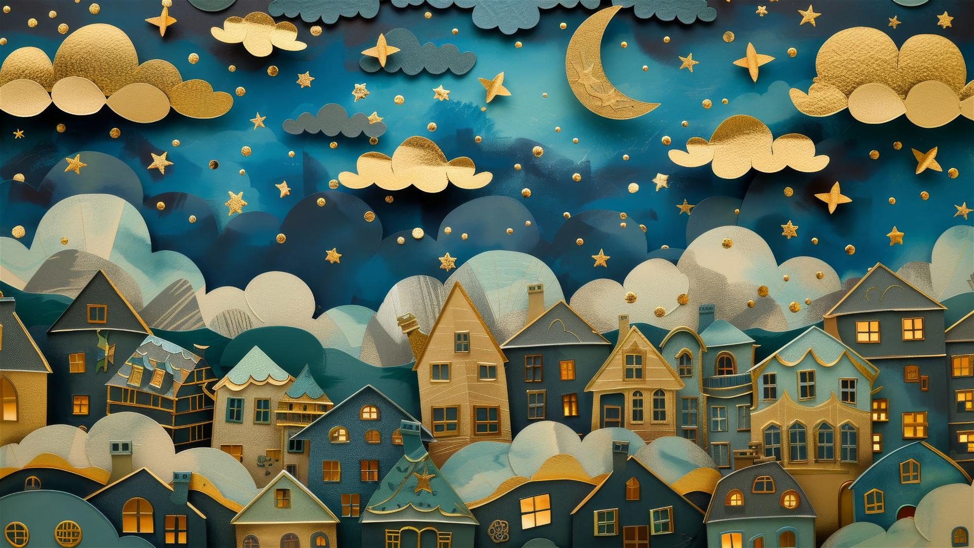 Whimsical blue and gold cityscape with twinkling stars and collage art.