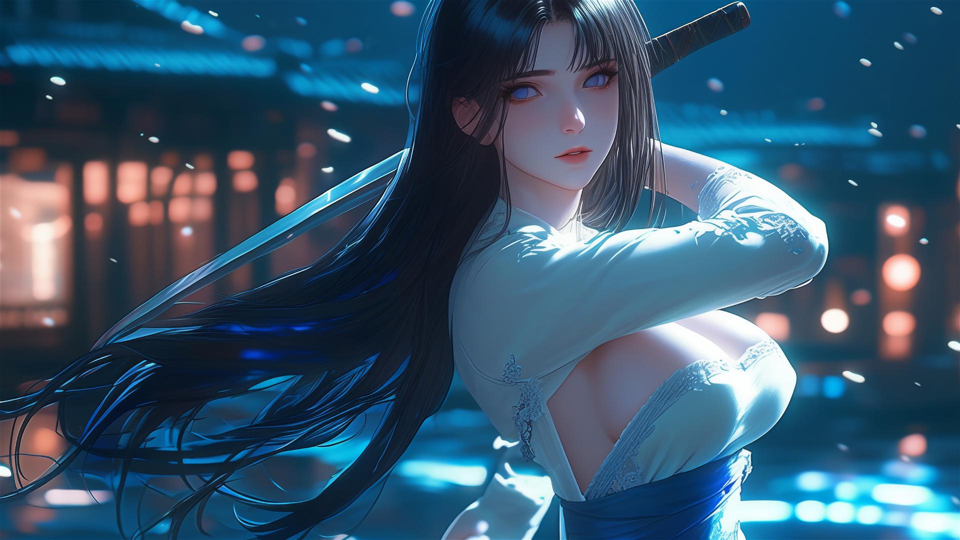 Hinata Hyuga performing ninja sword art under a starry night