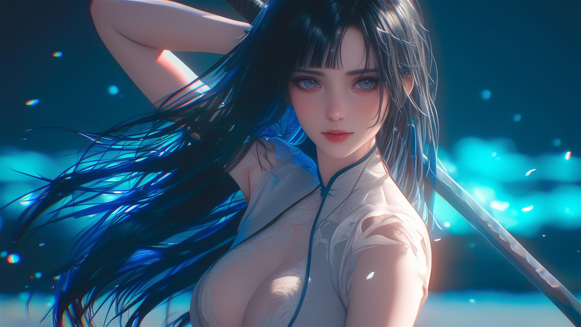 Hinata Hyuga in ninja pose under moonlight