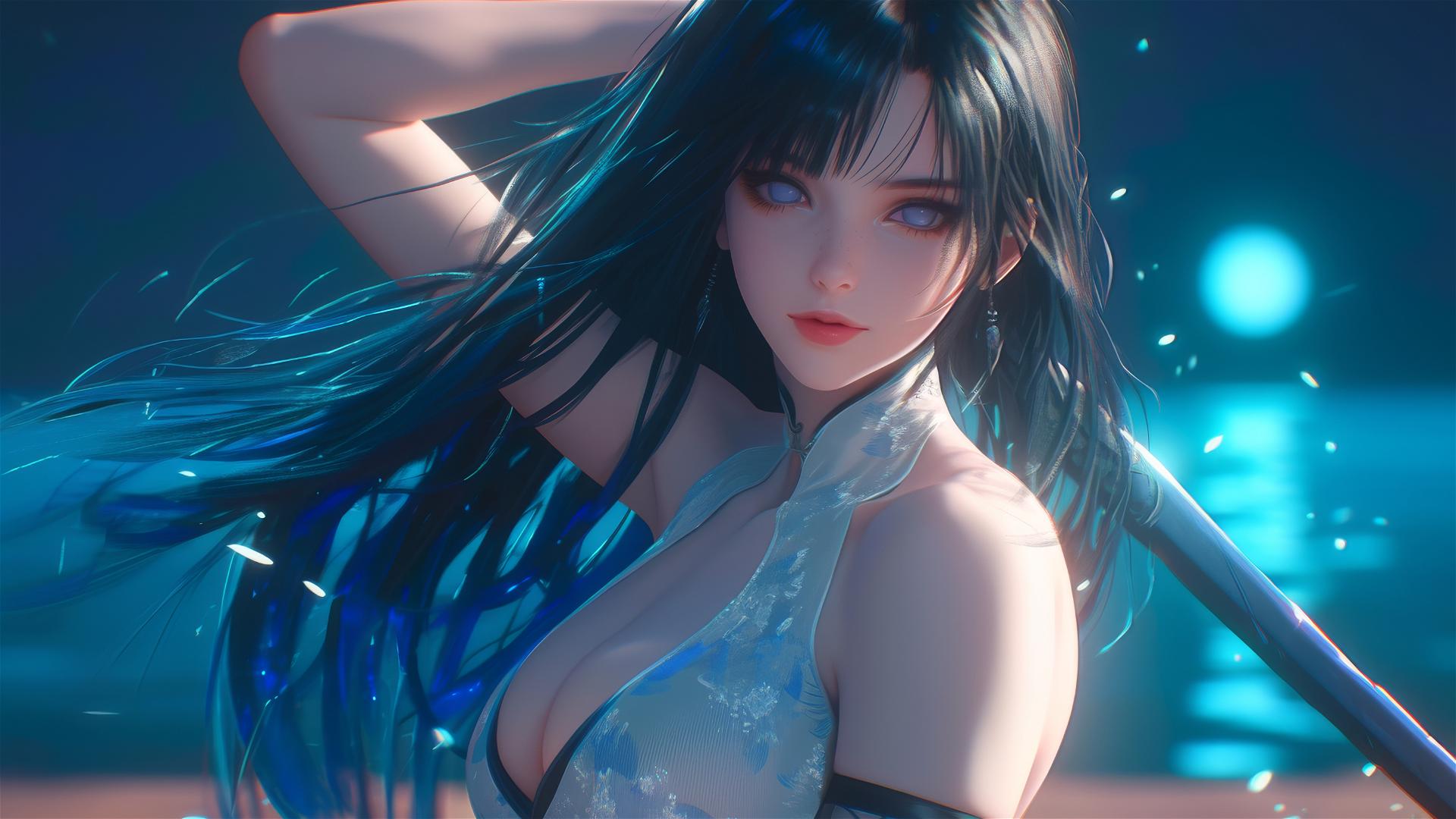 Hinata Hyuga performing ninja sword art under a starry night
