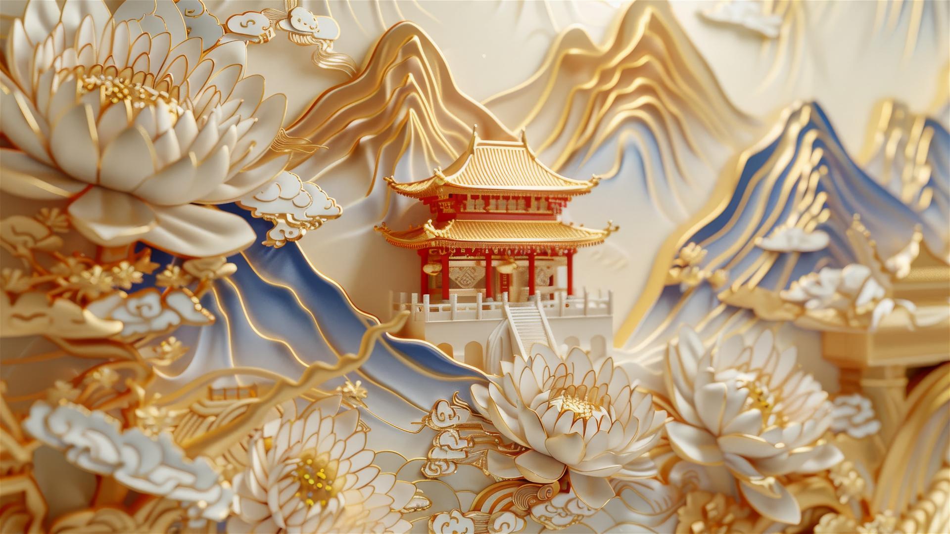 3D painting of golden mountains, serene temple, and lotus flowers in paper carving style.