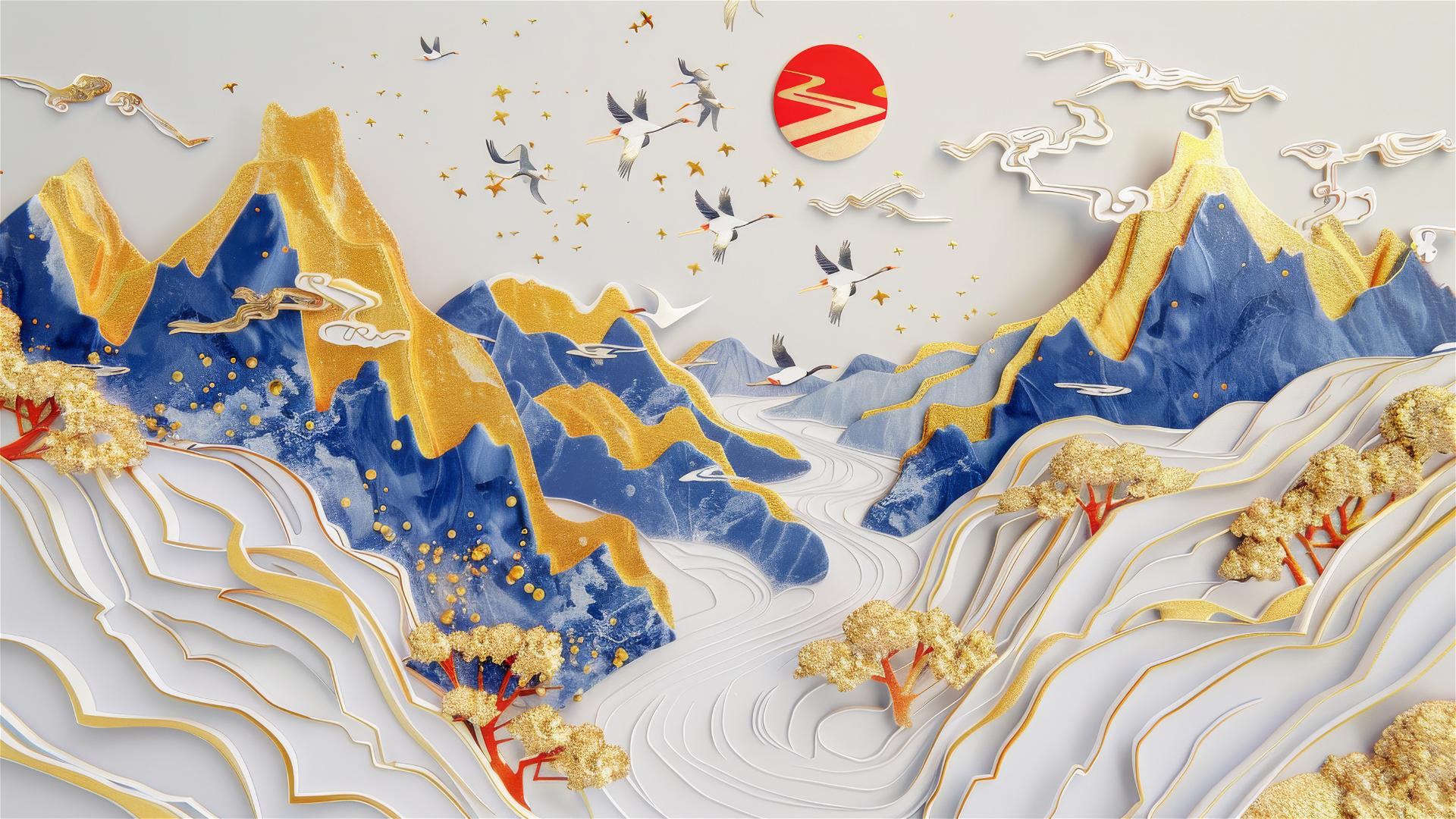 3D Asian painting of golden mountains and cranes over a river in paper carving style