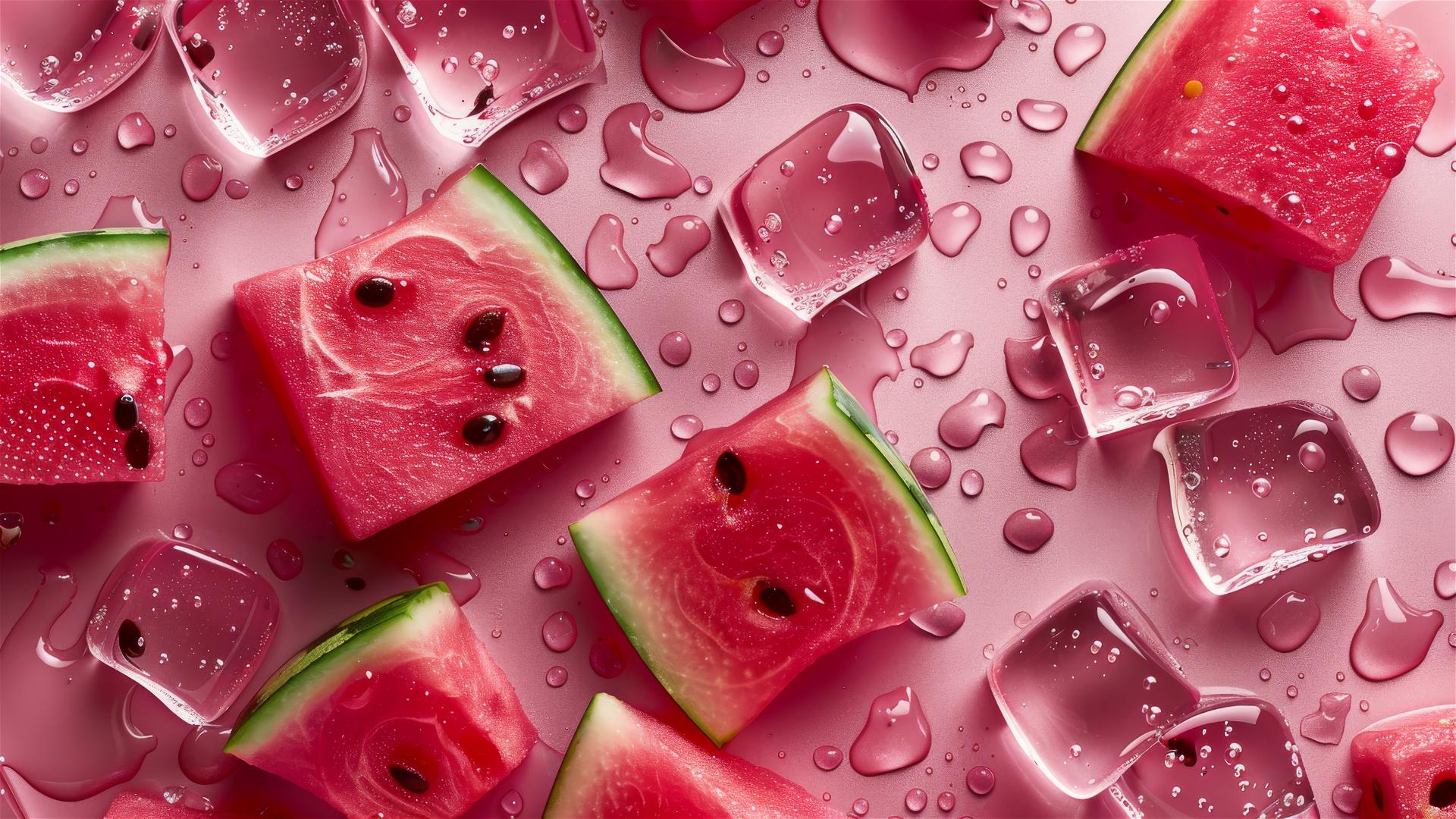Fresh watermelon with water droplets, top-down view, Hasselblad camera.