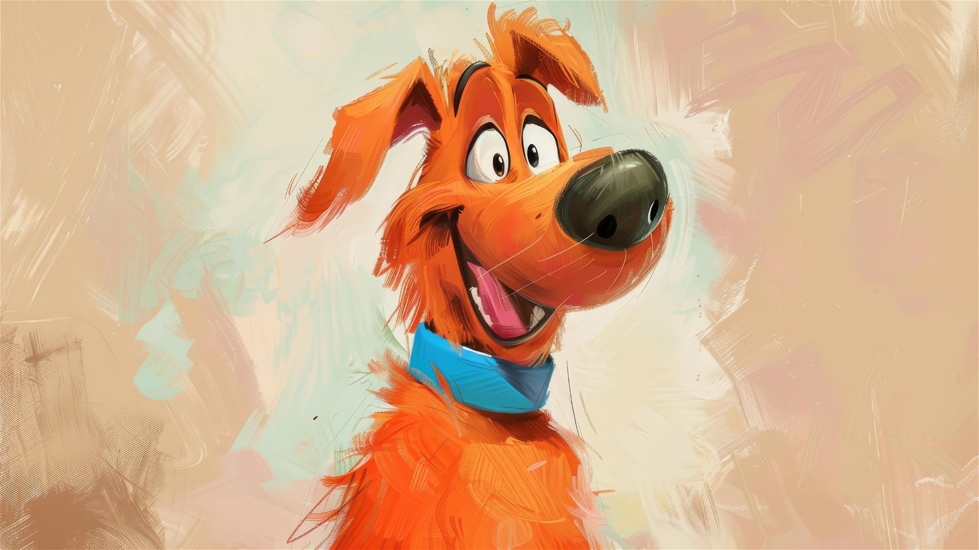 Happy orange dog with big nose, long face, blue collar, in Pixar style