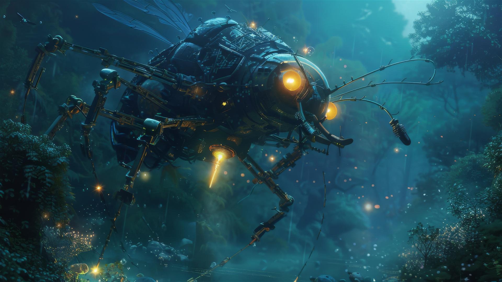 Gigantic mechanical ant gliding underwater at night with a beam of light