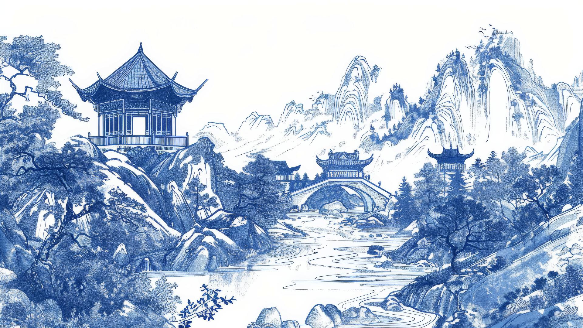 Minimalist engraved Chinese landscape with pavilions, blue and white monochrome.