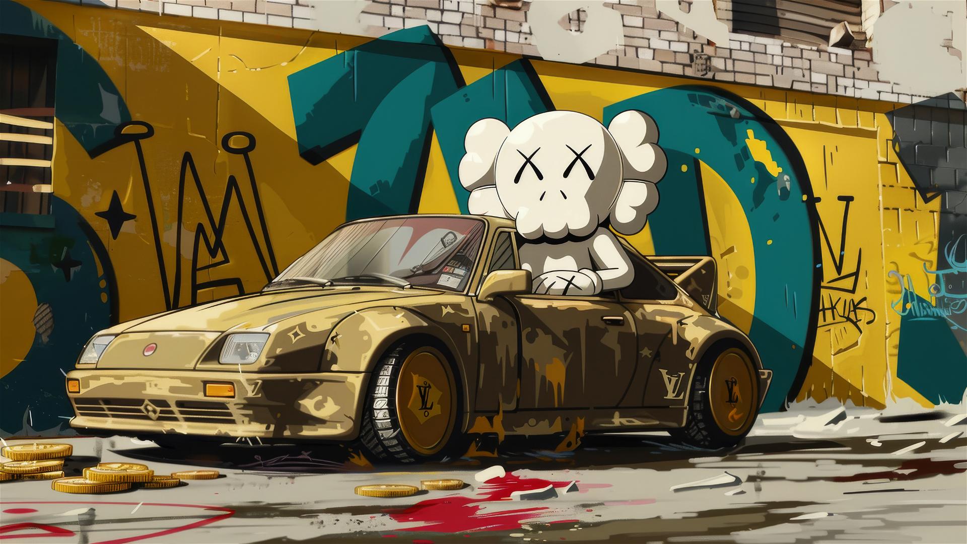 2D cartoon art of Louis Vuitton Kaws with gold coins and golden car