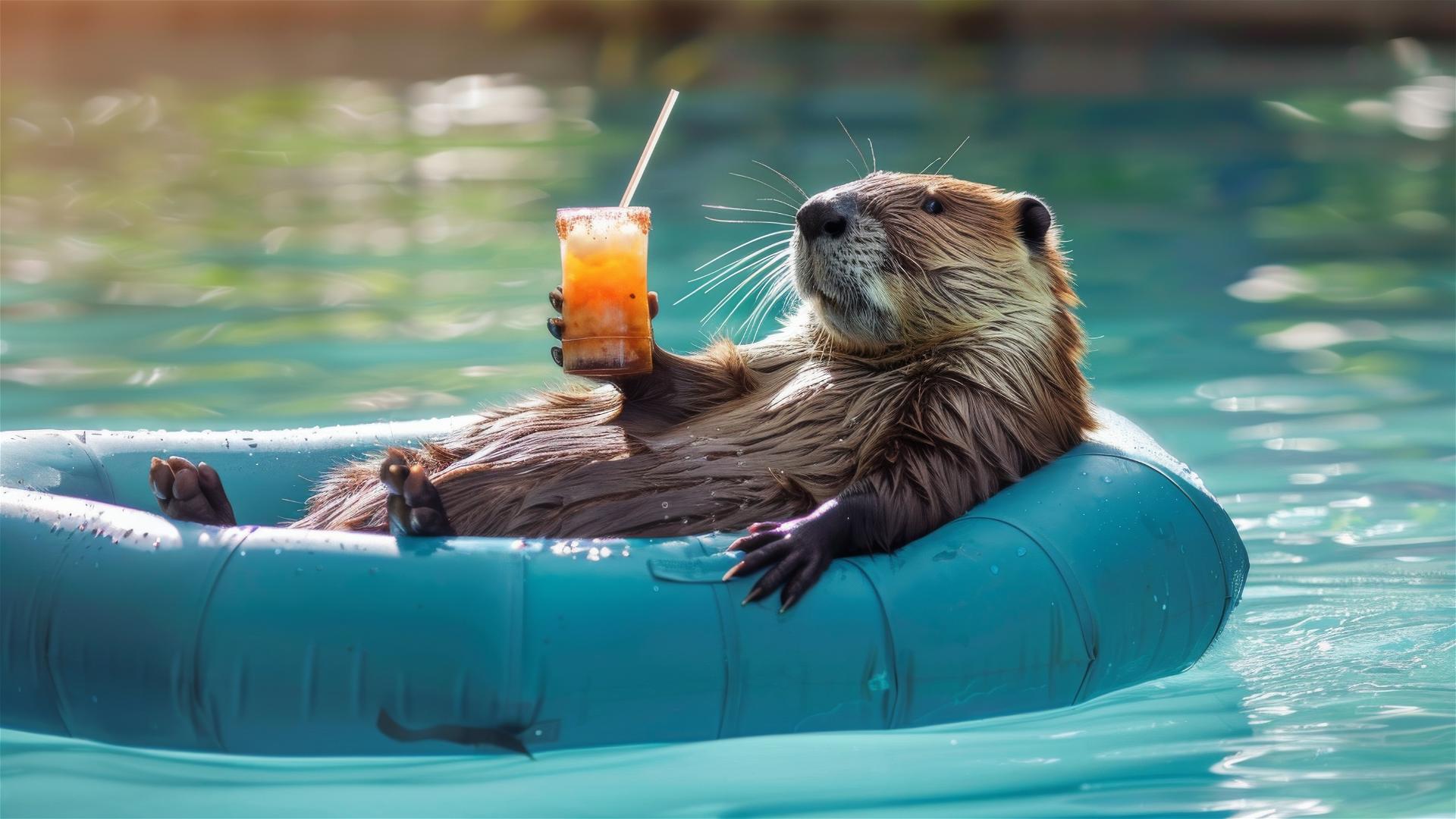 Beaver on inflatable mattress holding cocktail in turquoise water