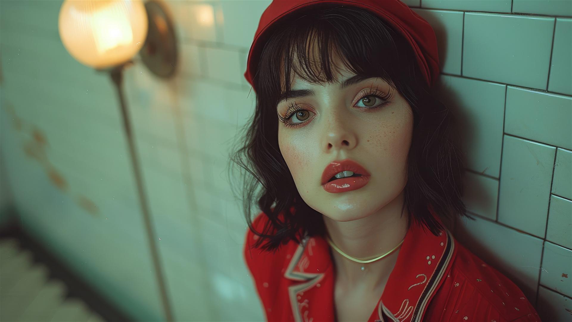 Young woman posing in subway under lamp with vintage clothing and black bang haircut