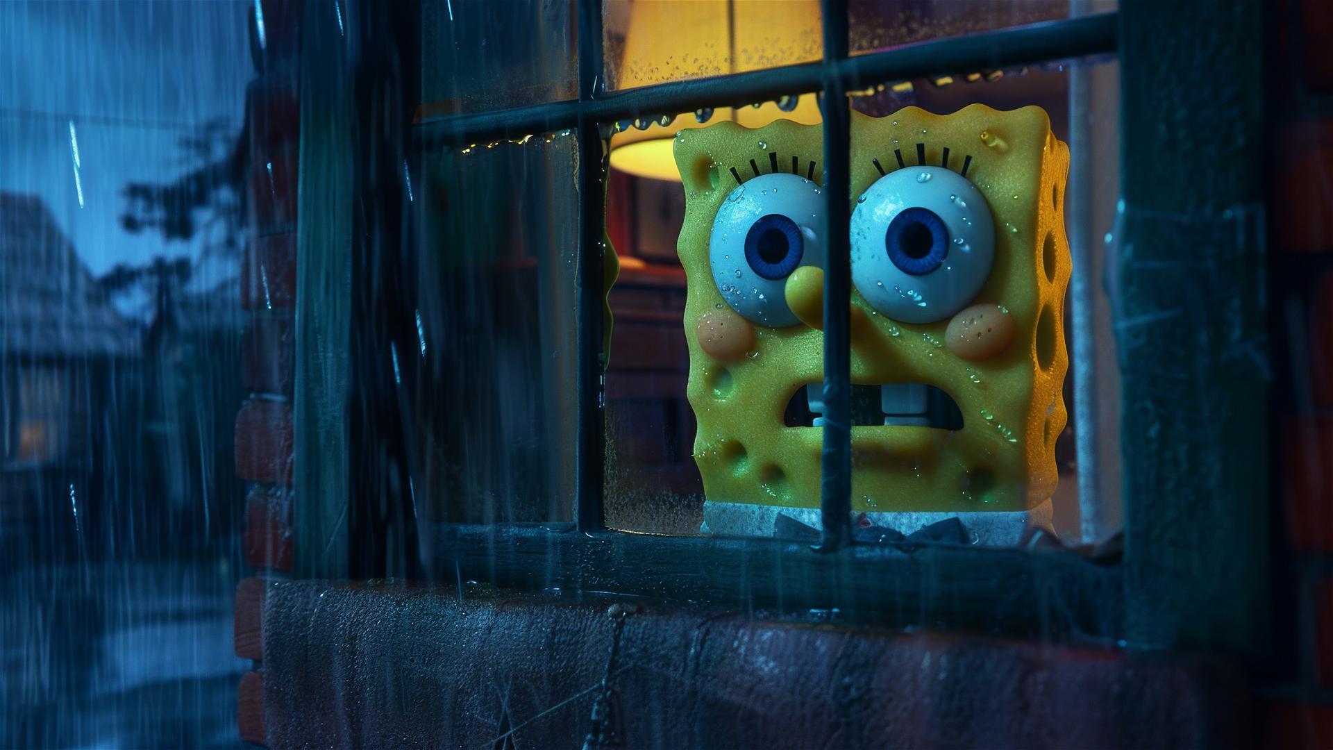Spongebob staring into your bedroom window with rain outside