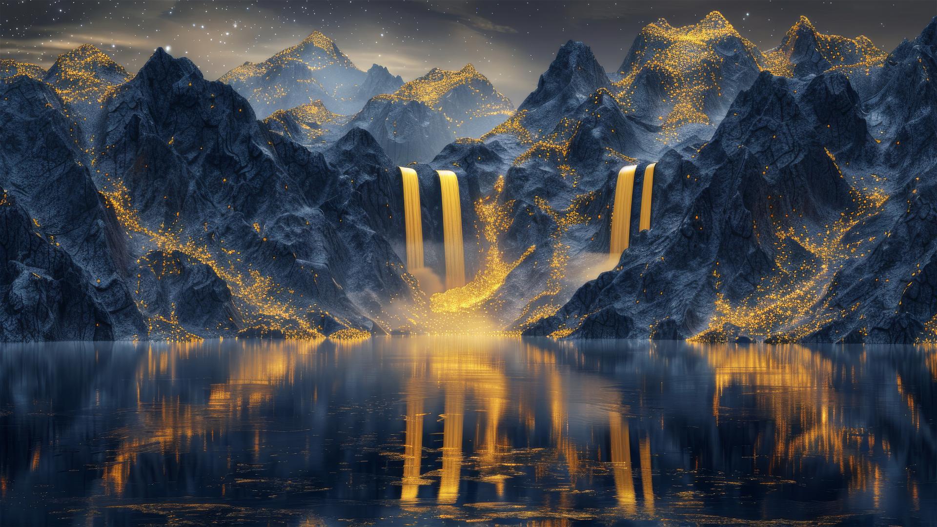 Gold, black, and blue mountains with golden waterfalls in minimalist style