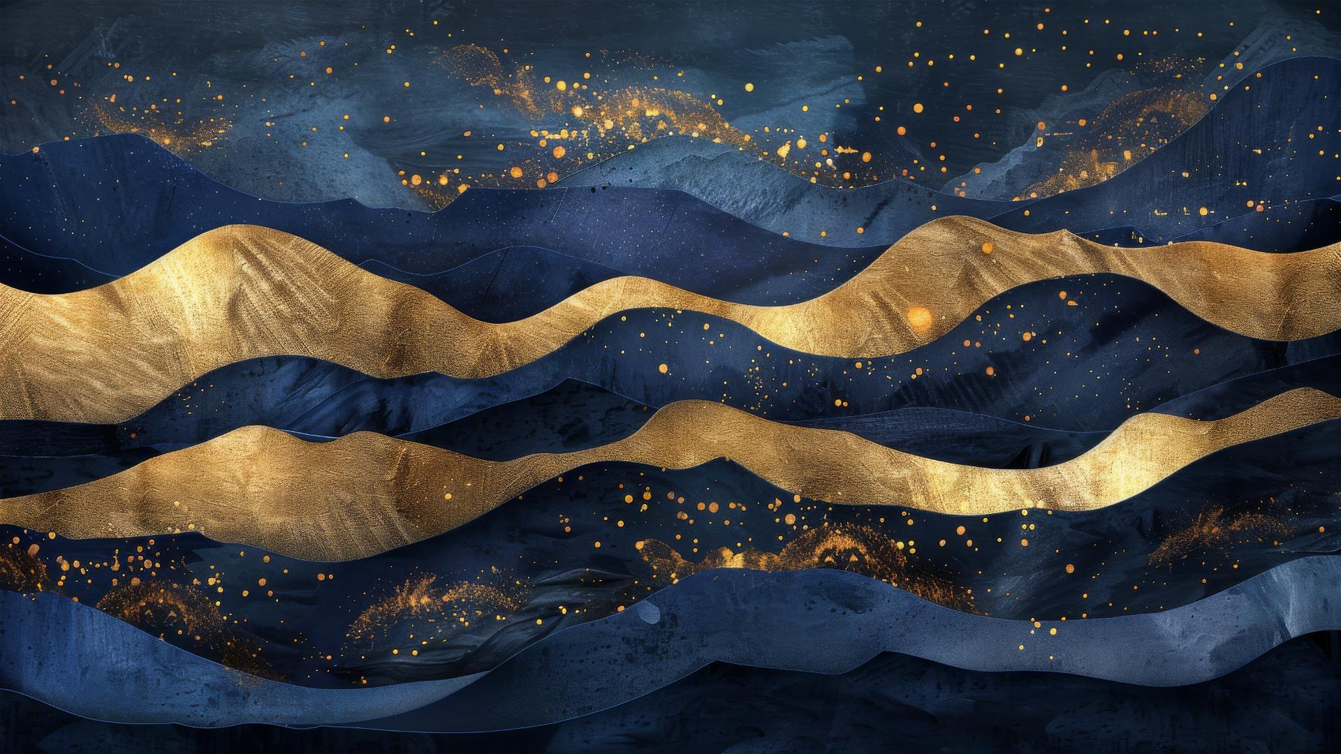 Gold, black, and blue mountains with golden waterfalls in freehand style