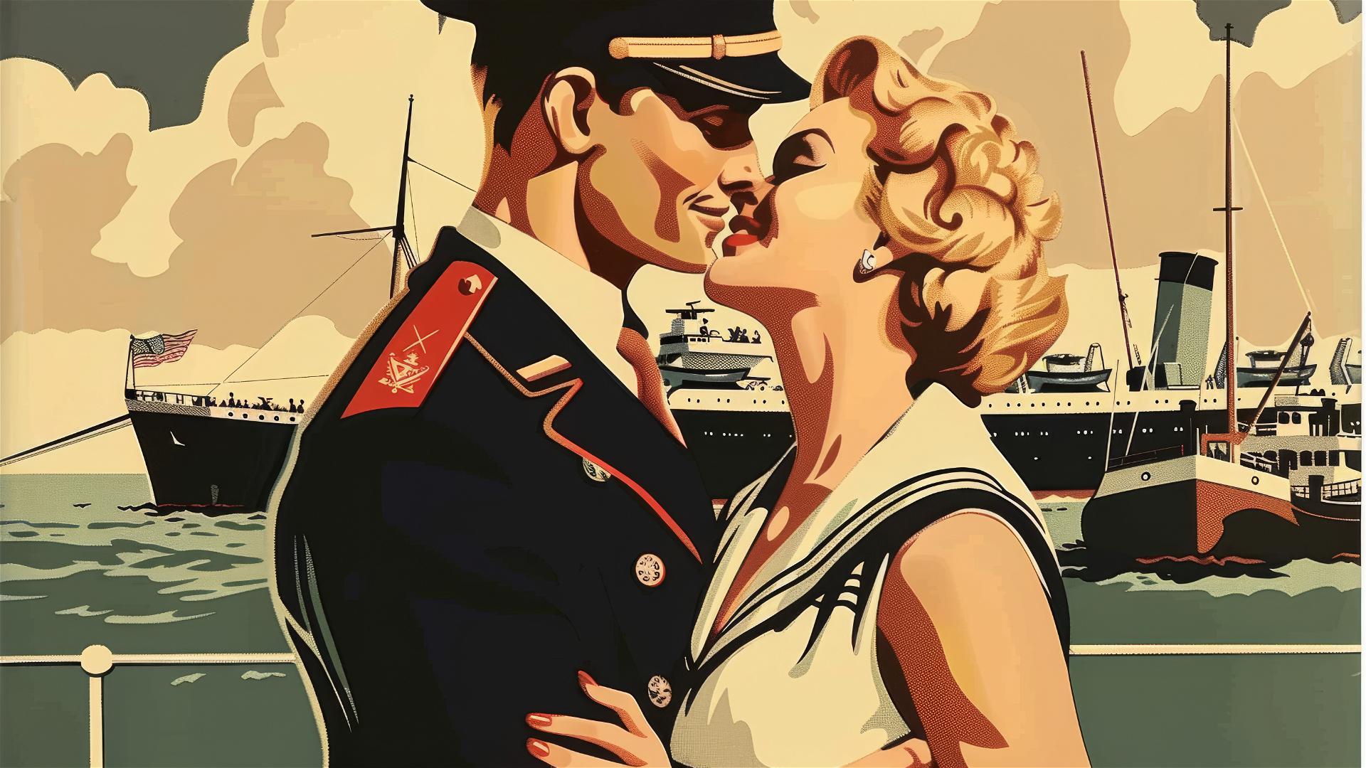 Retro poster of naval officer and blonde woman embracing at docks
