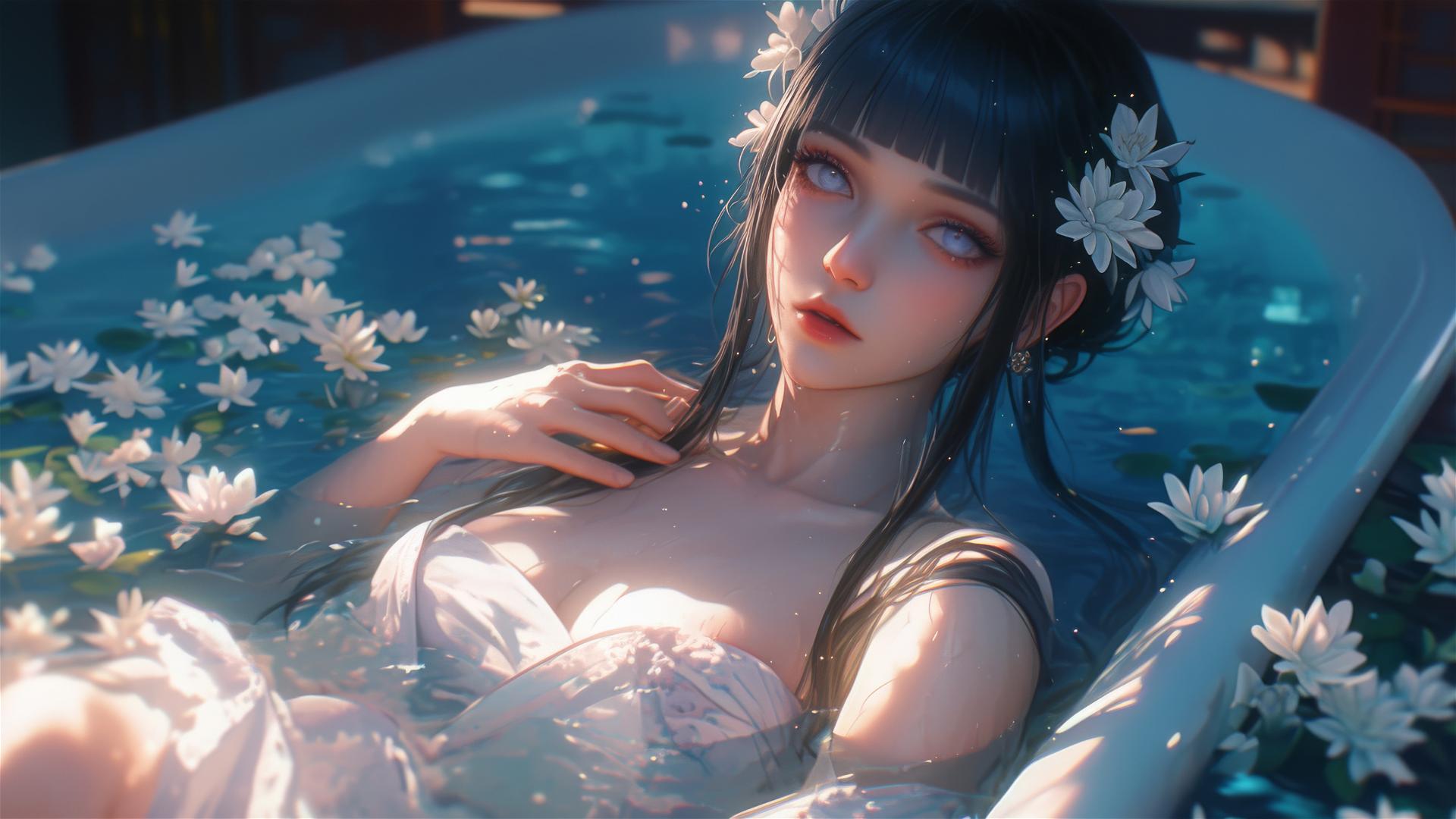 Hinata Hyuga in a flower-filled tub at a Chinese spa