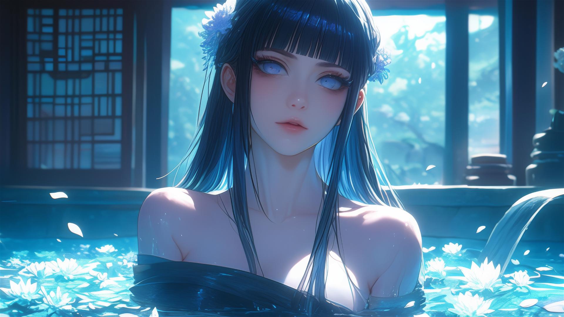 Hinata Hyuga in a flower-filled tub at a Chinese spa with white eyes
