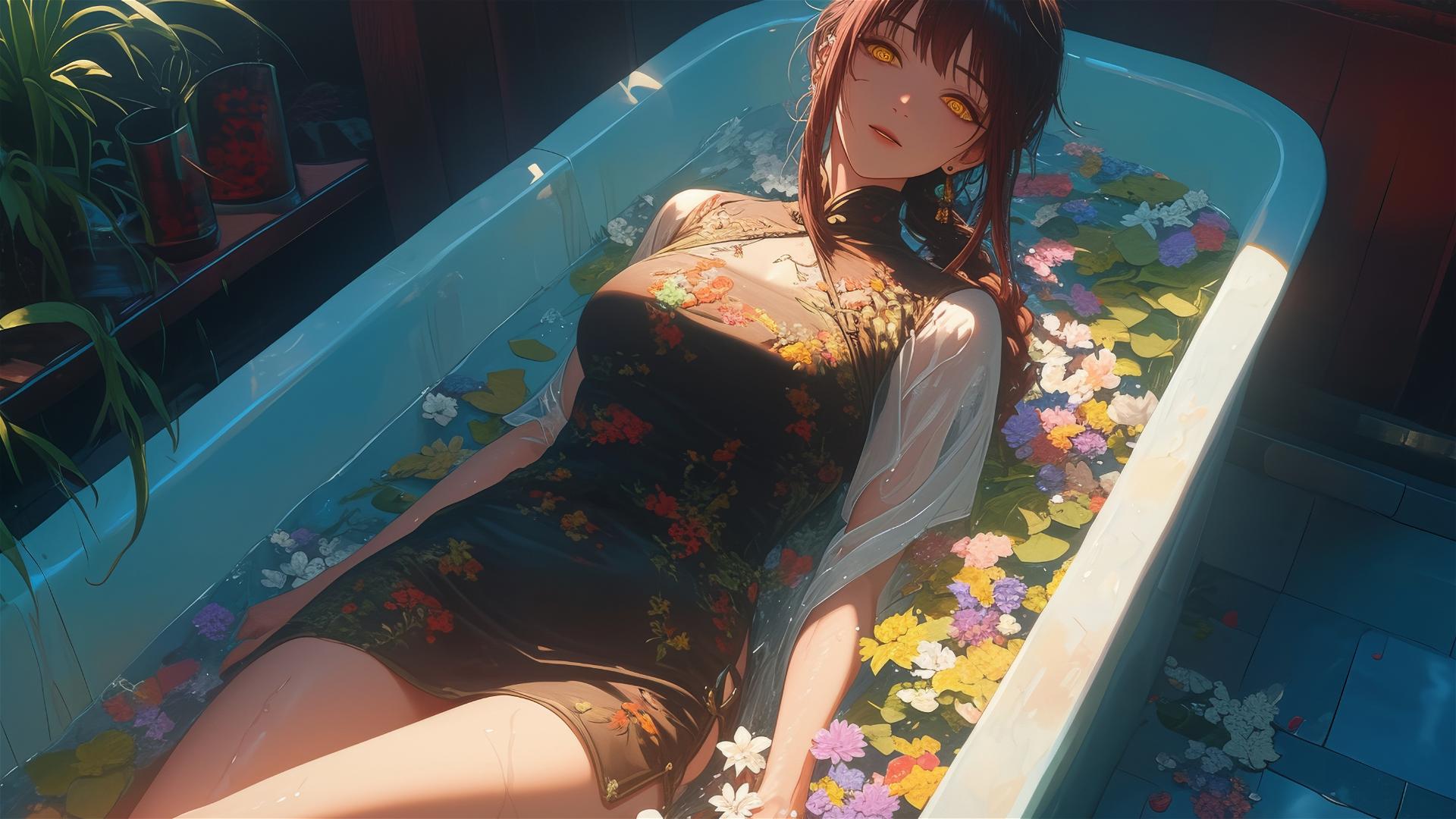 Makima from Chainsaw Man in flower-filled tub in a Chinese spa