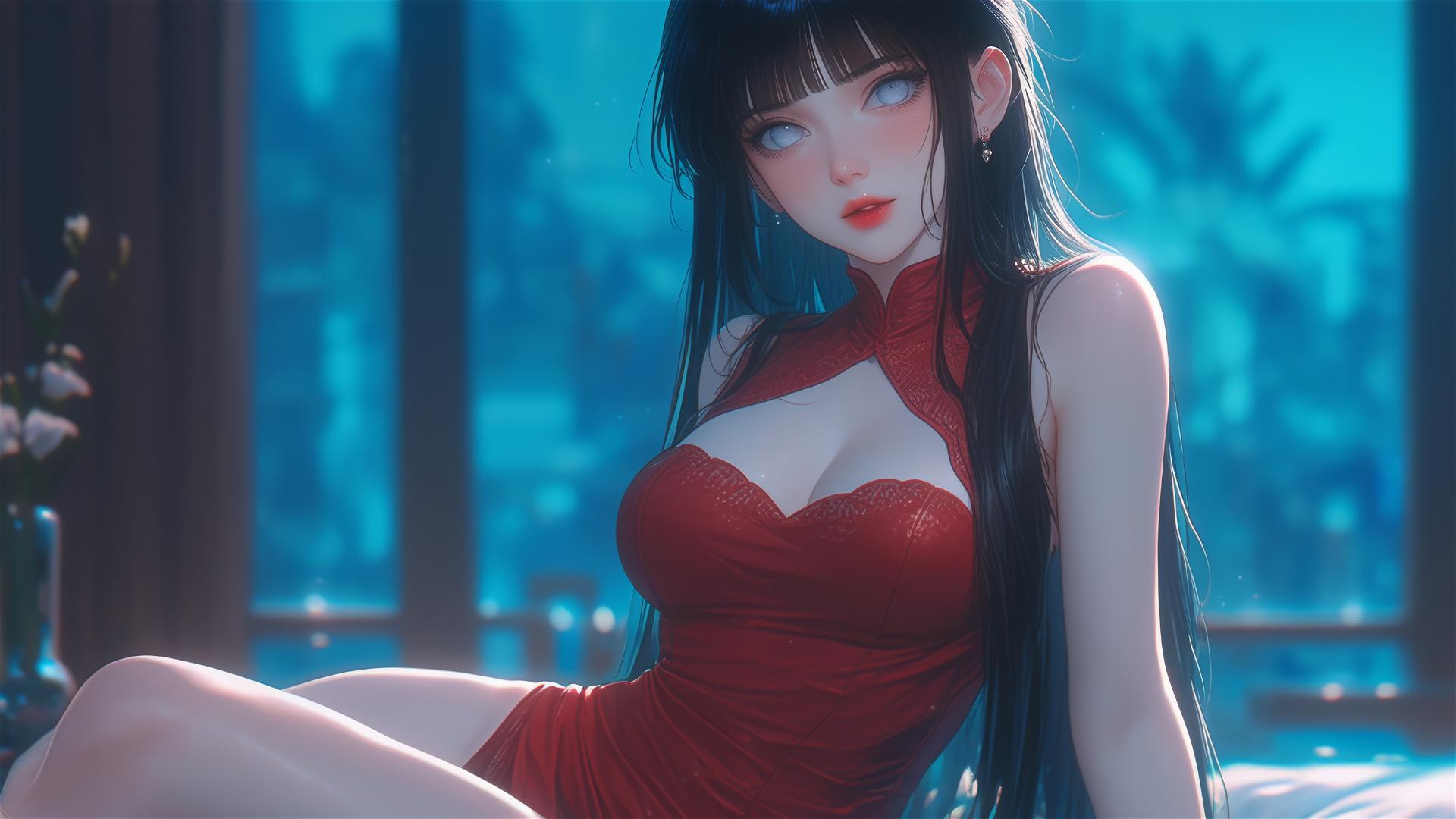 Hinata Hyuga from Naruto sitting in a modern hotel with warm light