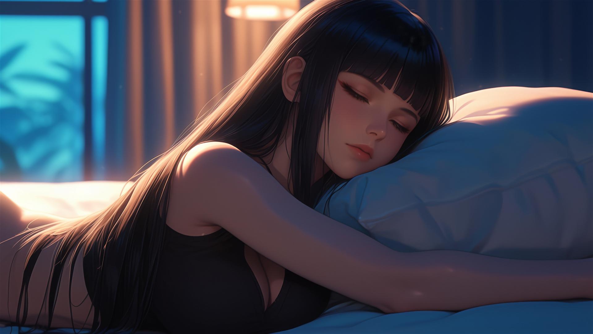 Hinata Hyuga from Naruto resting at a modern hotel with warm light