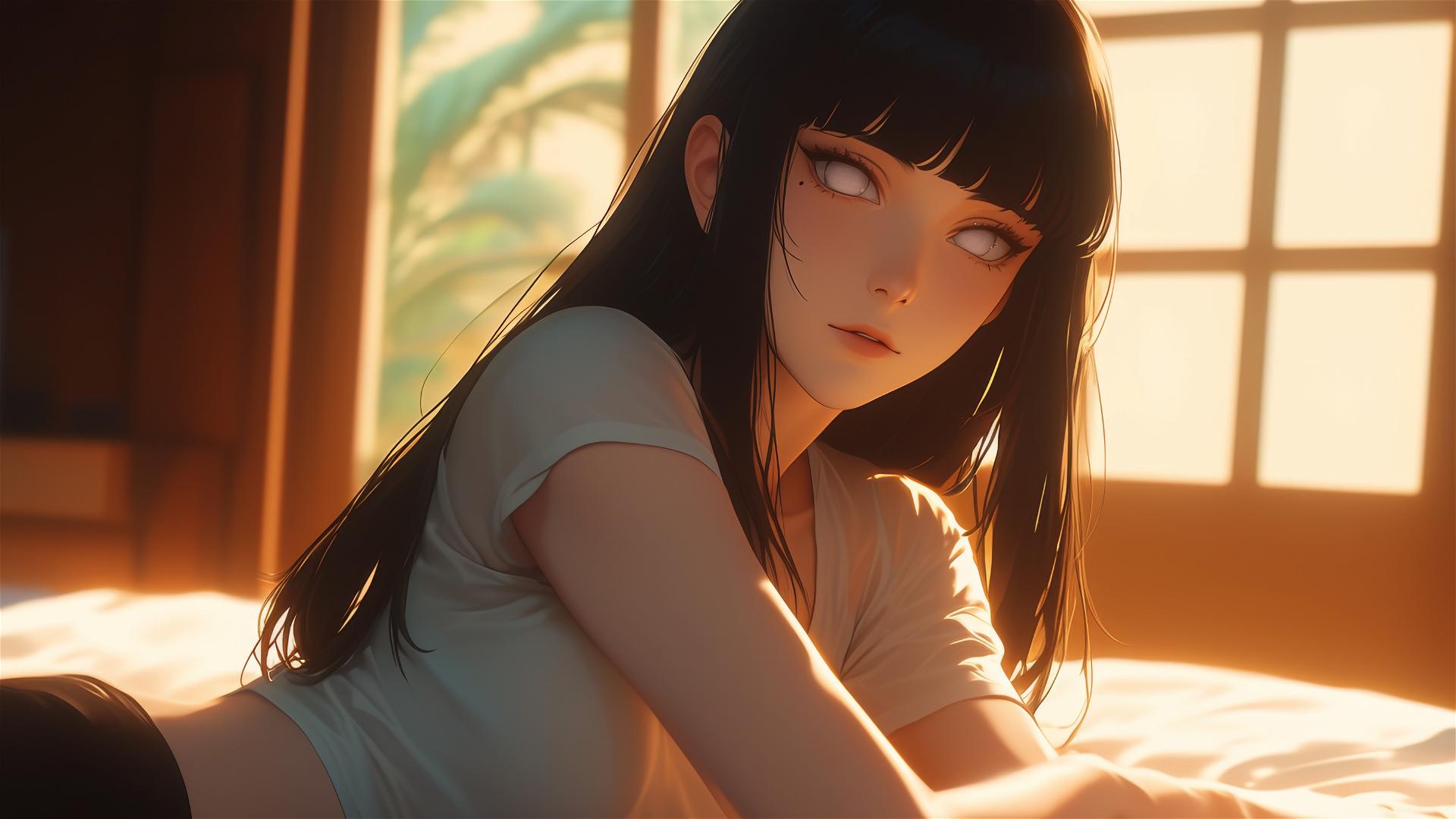 Hinata Hyuga resting at a modern hotel with warm light and white eyes