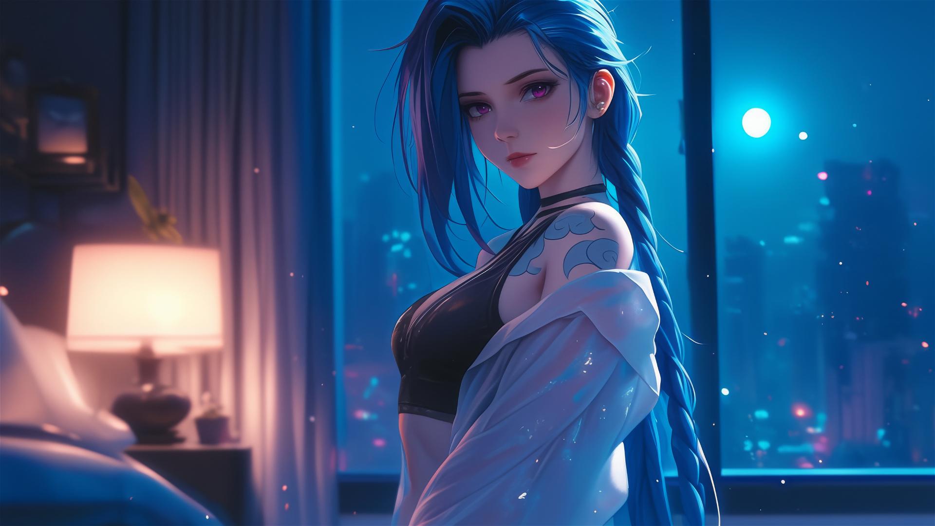 Jinx from League of Legends standing in an apartment bathed in moonlight