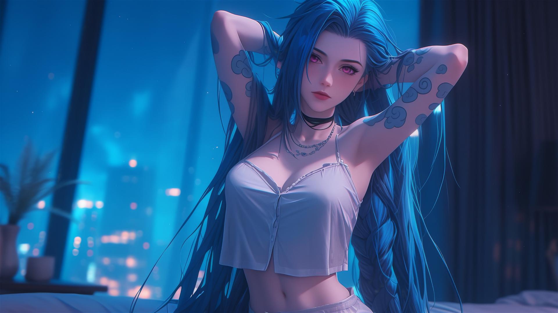 Full body shot of Jinx from League of Legends in silk pajamas, blue hair, pink eyes, moonlit apartment.