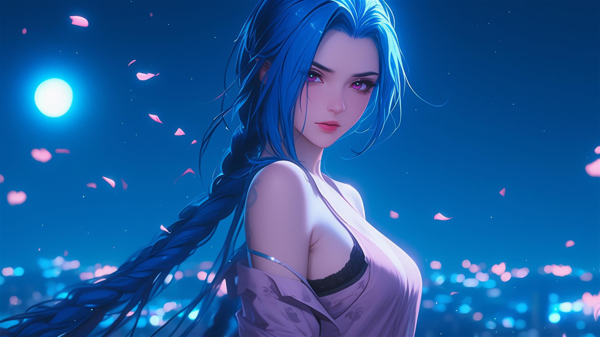 Jinx from League of Legends stands leisurely in an apartment, moonlight casts a soft glow