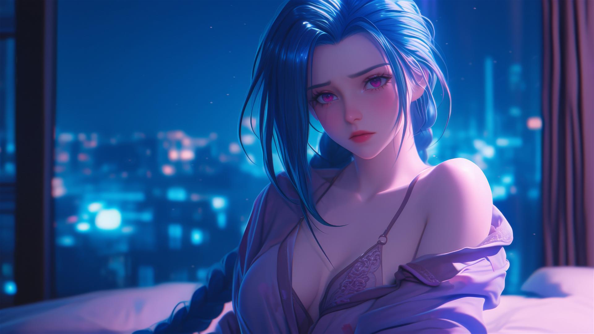 Jinx from League of Legends standing in an apartment under moonlight
