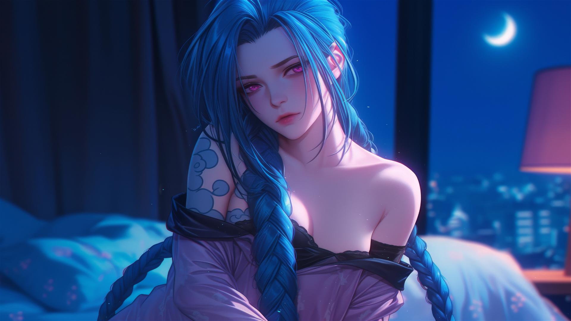 Jinx from League of Legends stands in an apartment with moonlight glow, pink eyes, blue hair, and silk pajamas.