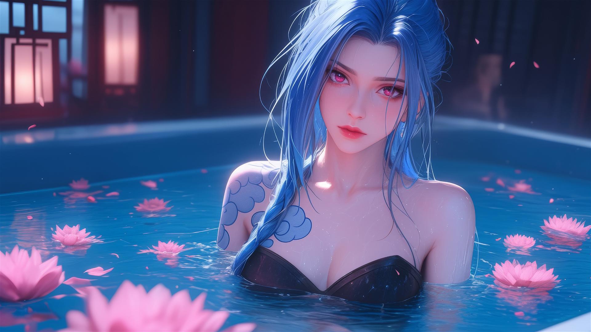 Jinx from League of Legends in flower-filled tub at Chinese spa with pink eyes and blue hair