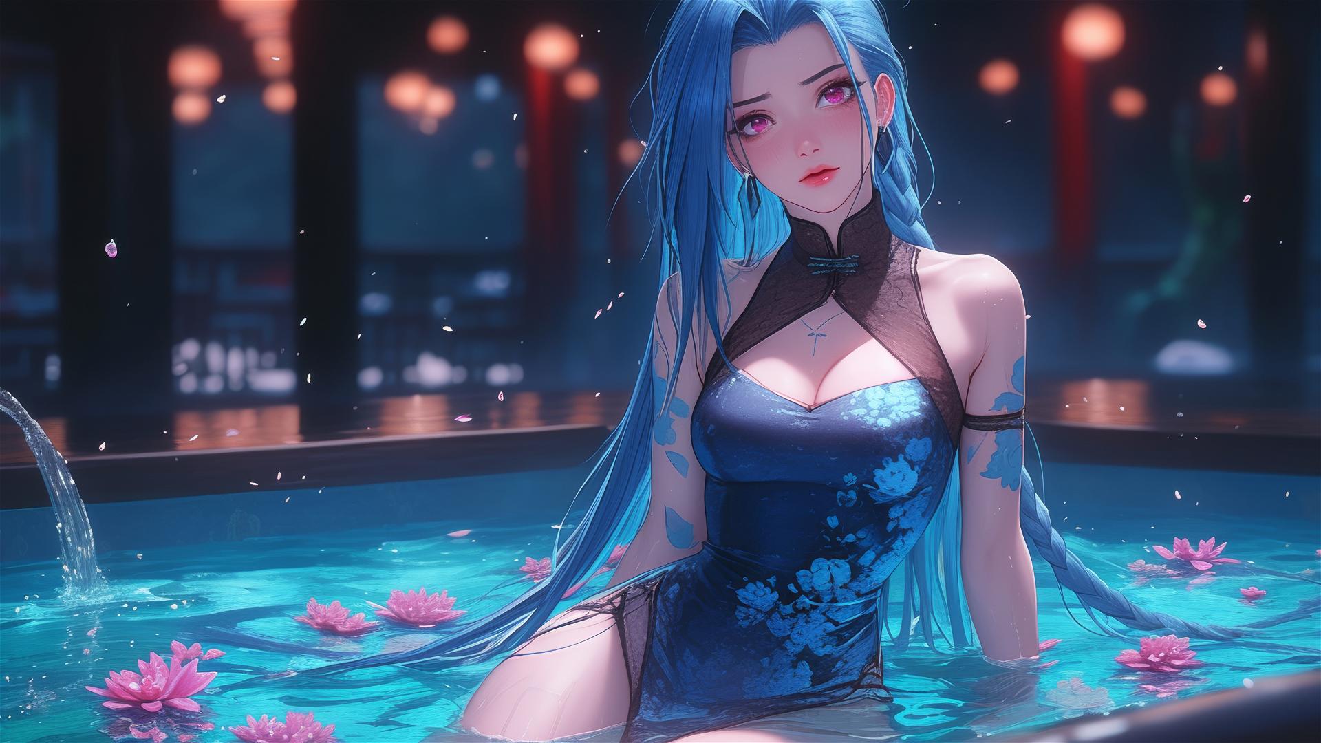 Jinx from League of Legends in a tub full of flowers, in a Chinese spa