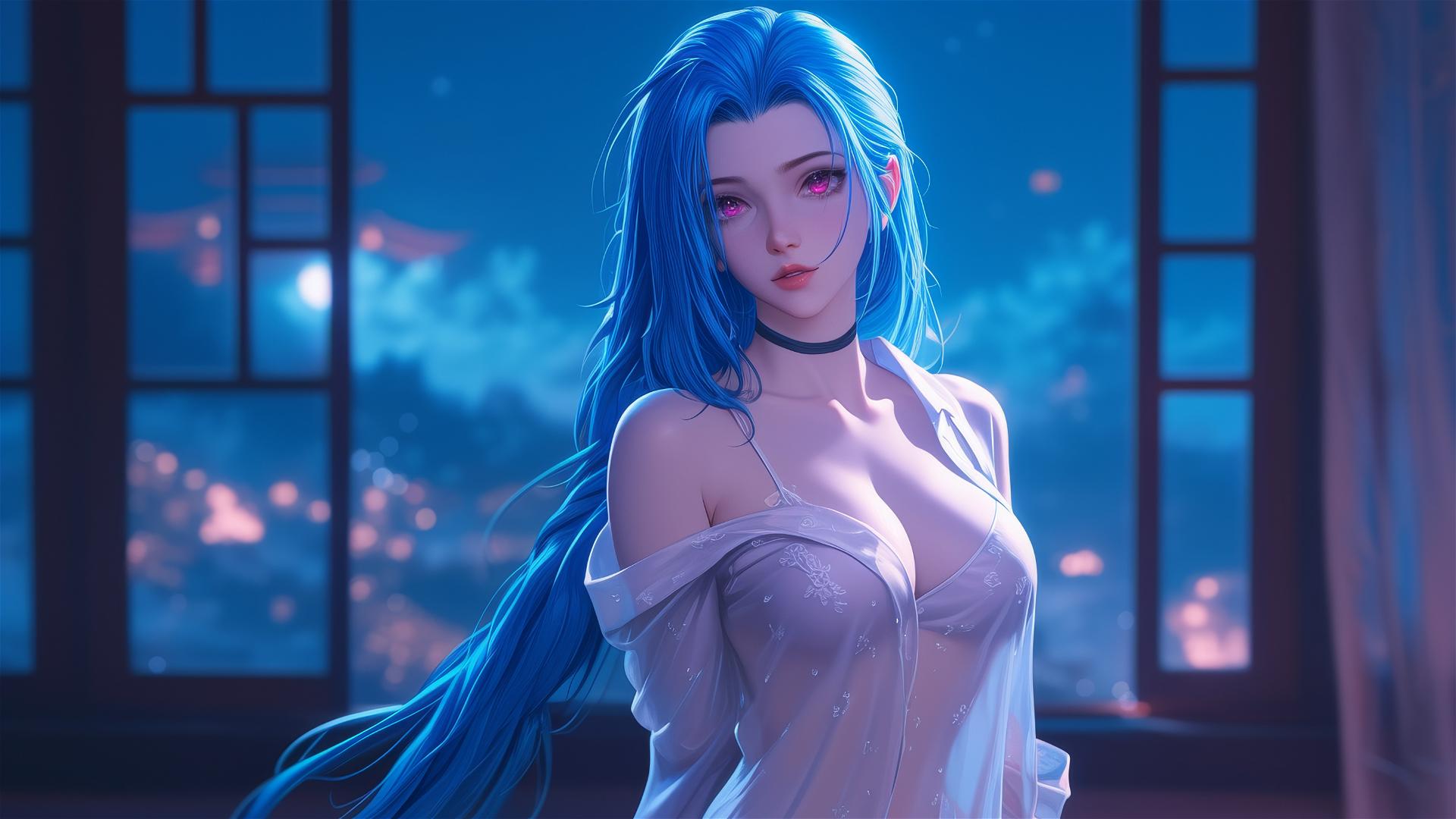 Full body shot of Jinx from League of Legends in silk pajamas with blue hair and pink eyes, illuminated by moonlight.