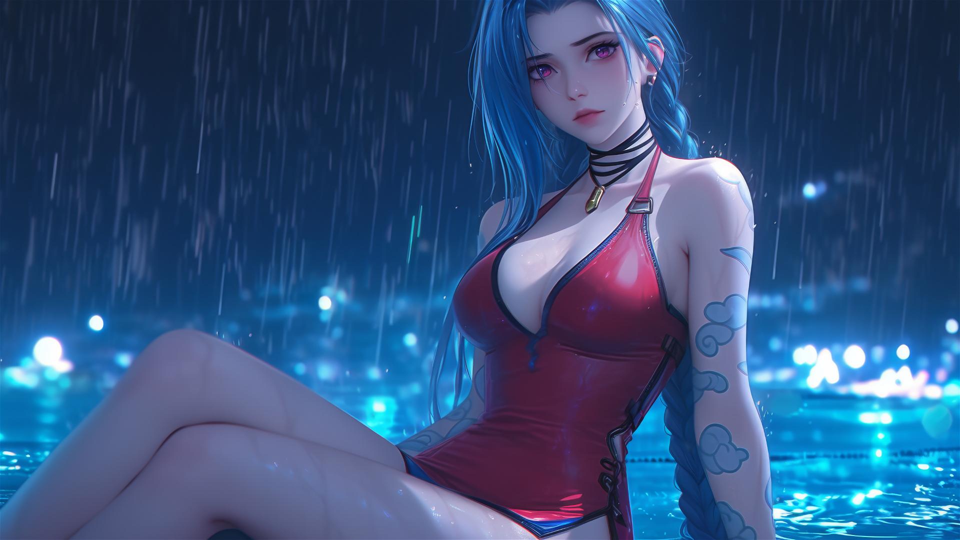 Jinx from League of Legends resting at a rainy swimming pool with moonlight, pink eyes, red dress, and blue hair.