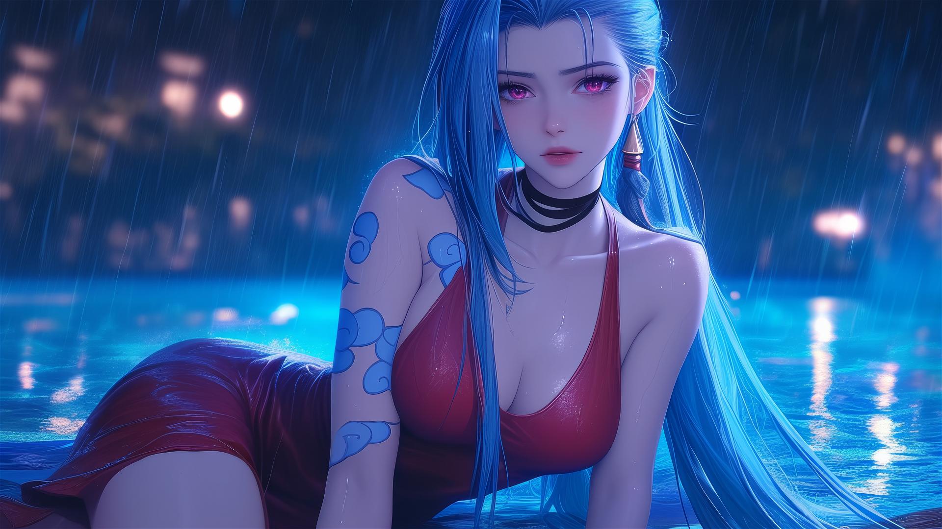 Jinx from League of Legends resting at a rainy pool under moonlight