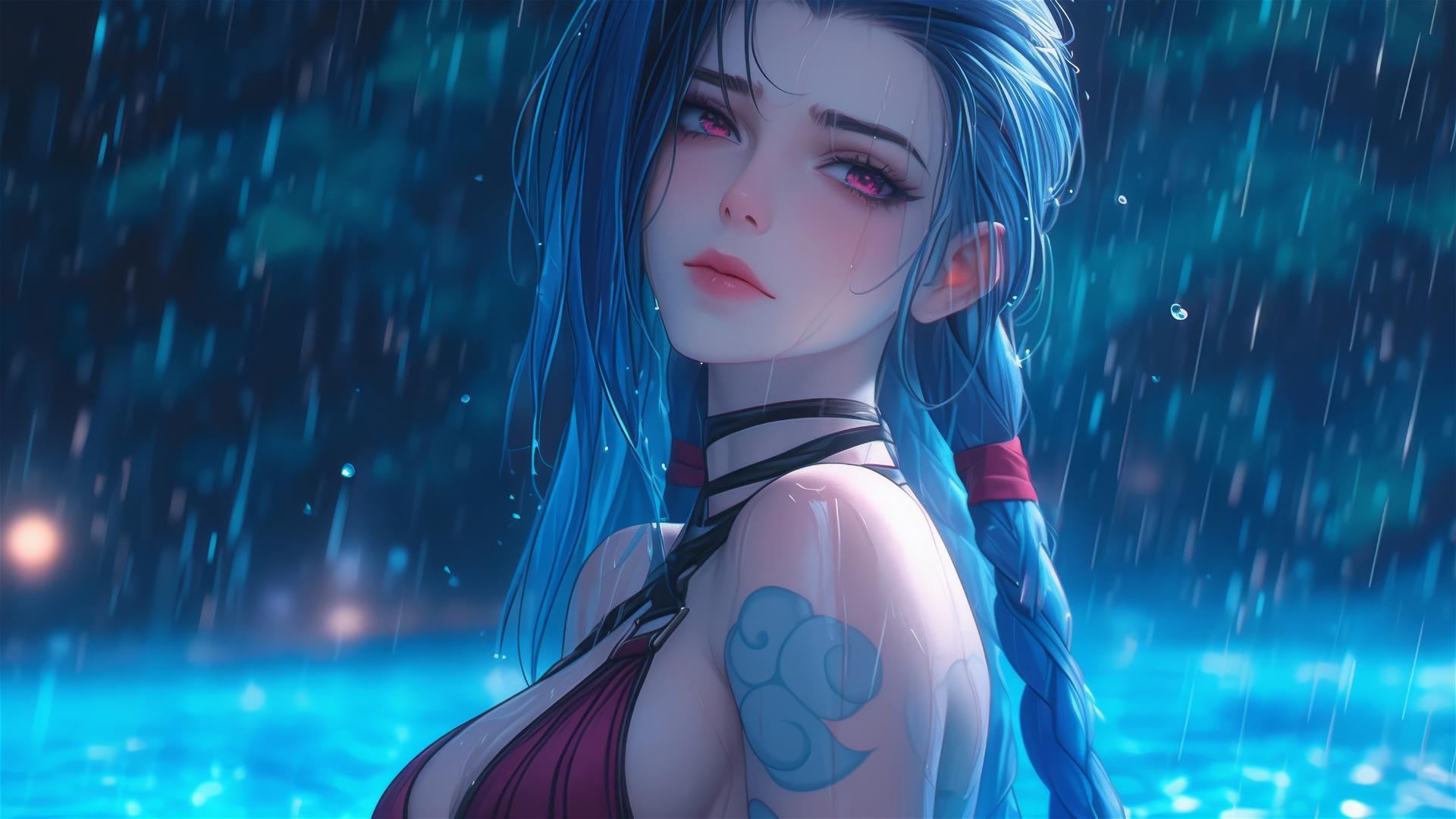 Jinx from League of Legends at rainy swimming pool with moonlight glow