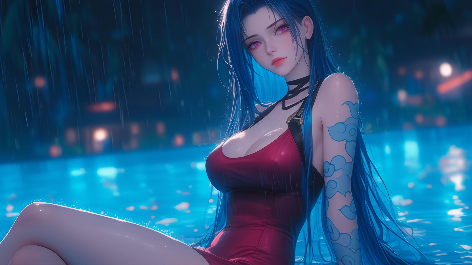 Jinx from League of Legends resting at a rainy swimming pool under moonlight
