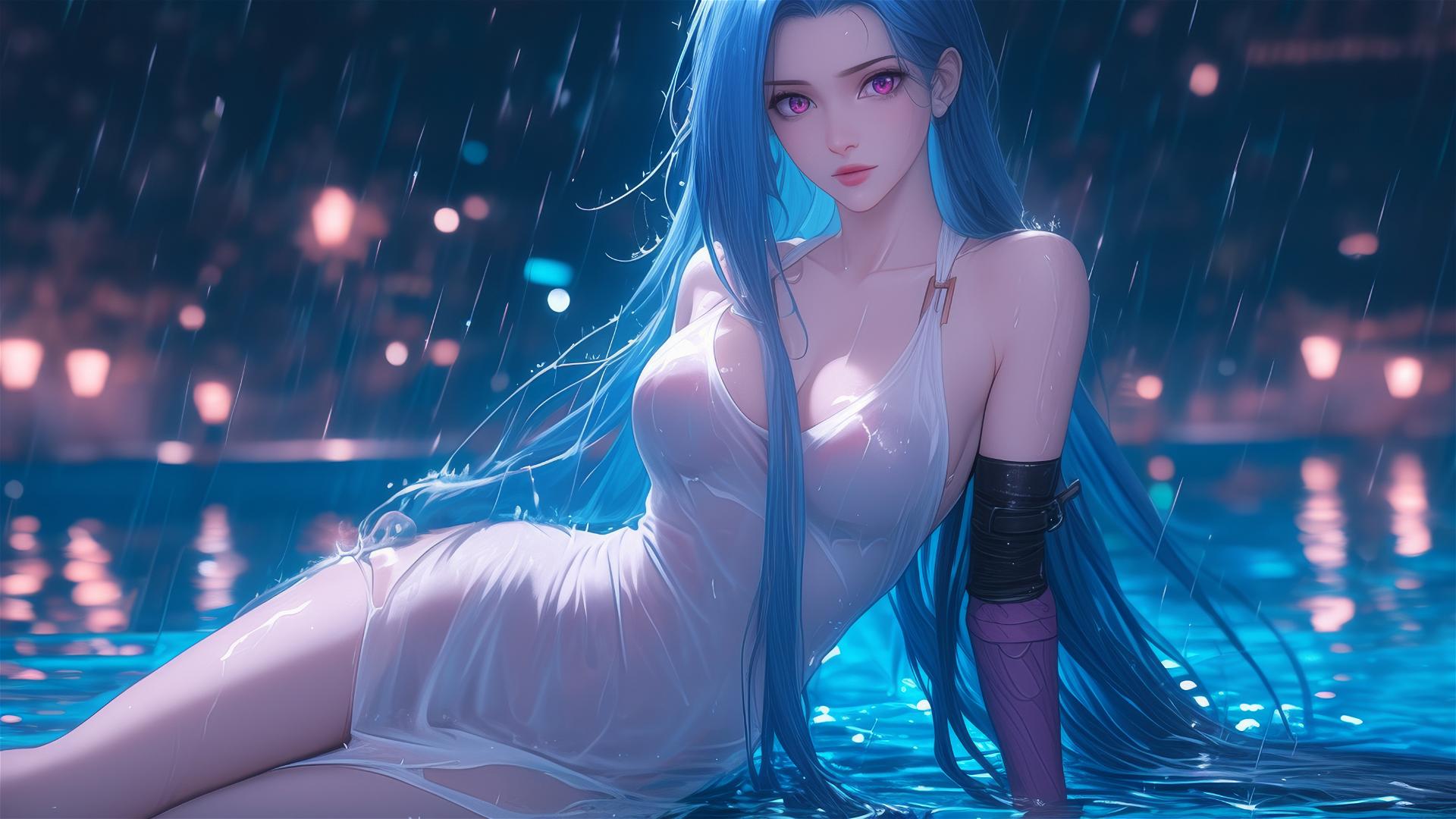 Jinx from League of Legends resting at a rainy swimming pool with moonlight.