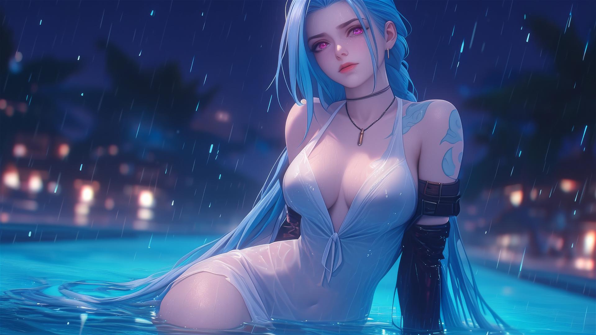 Jinx from League of Legends resting at a rainy pool, moonlight glow