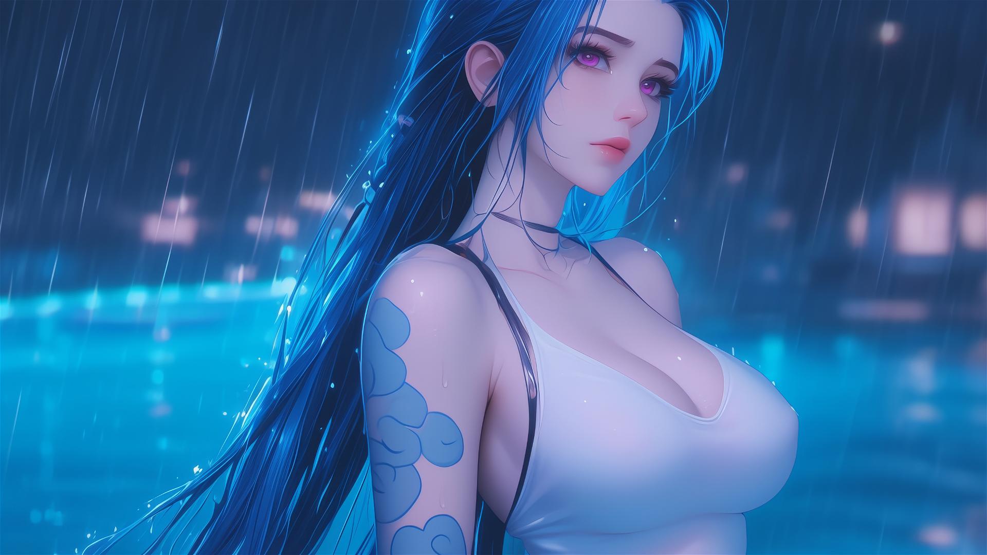 Jinx from League of Legends resting by a rainy pool under moonlight with pink eyes.