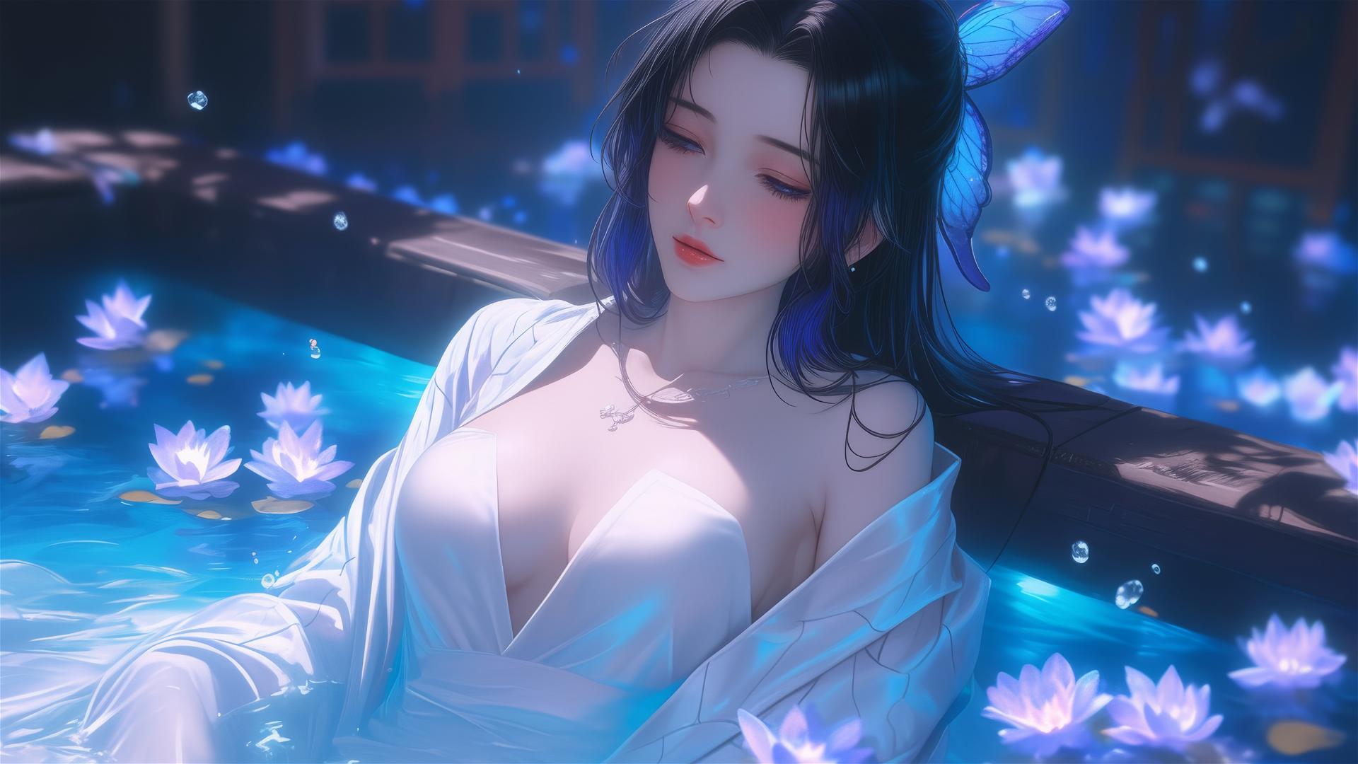 Shinobu Kocho in a white dress, in a tub full of flowers, at a Chinese spa.