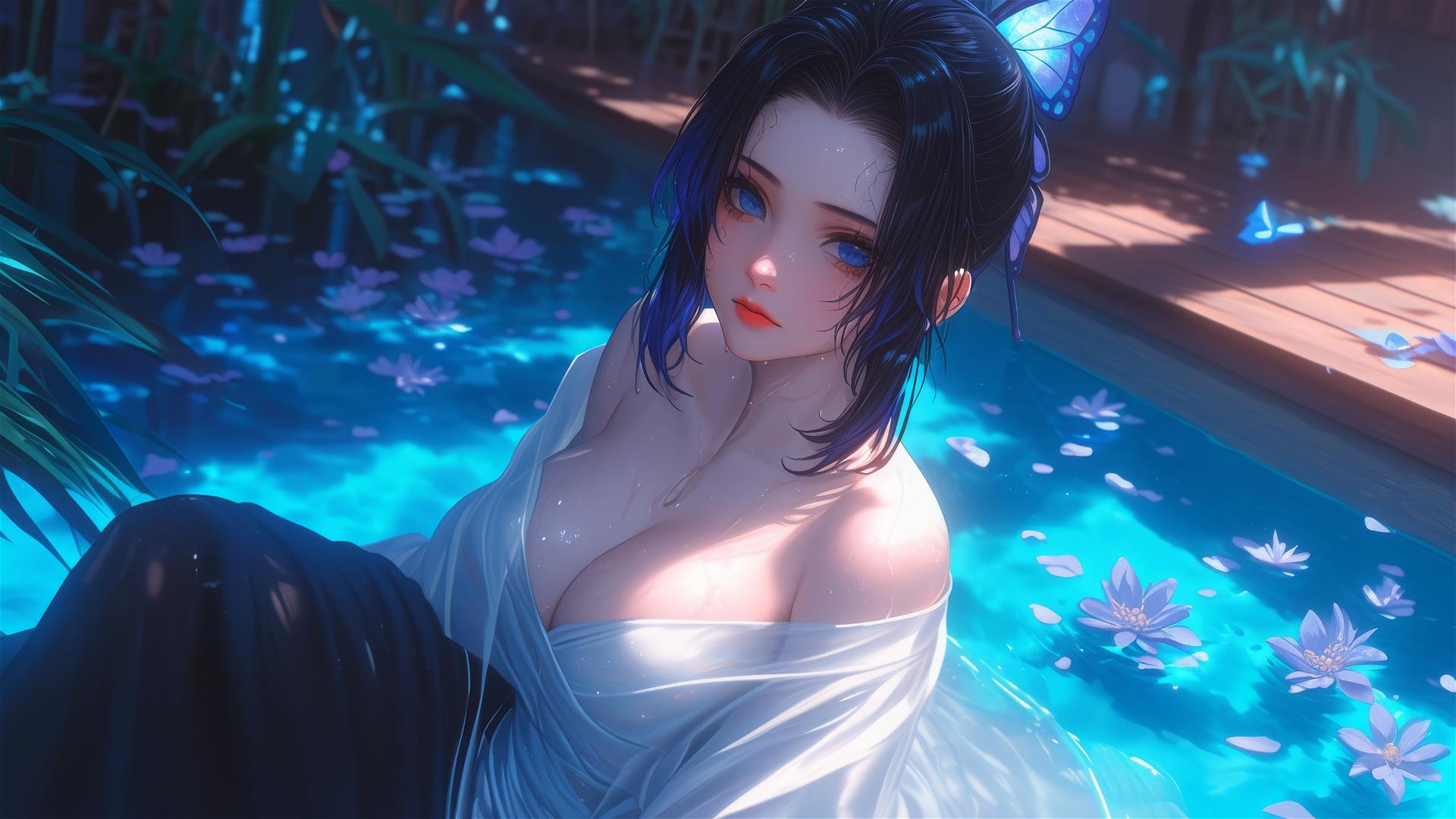 Shinobu Kocho in a white dress, in a tub of flowers at a Chinese spa