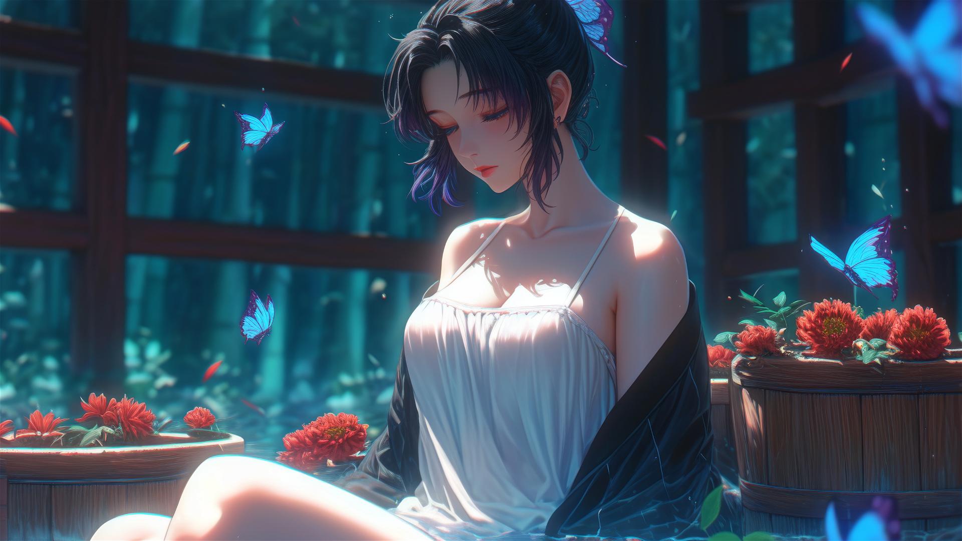 Shinobu Kocho from Demon Slayer in pure white dress inside a tub full of flowers at a Chinese spa