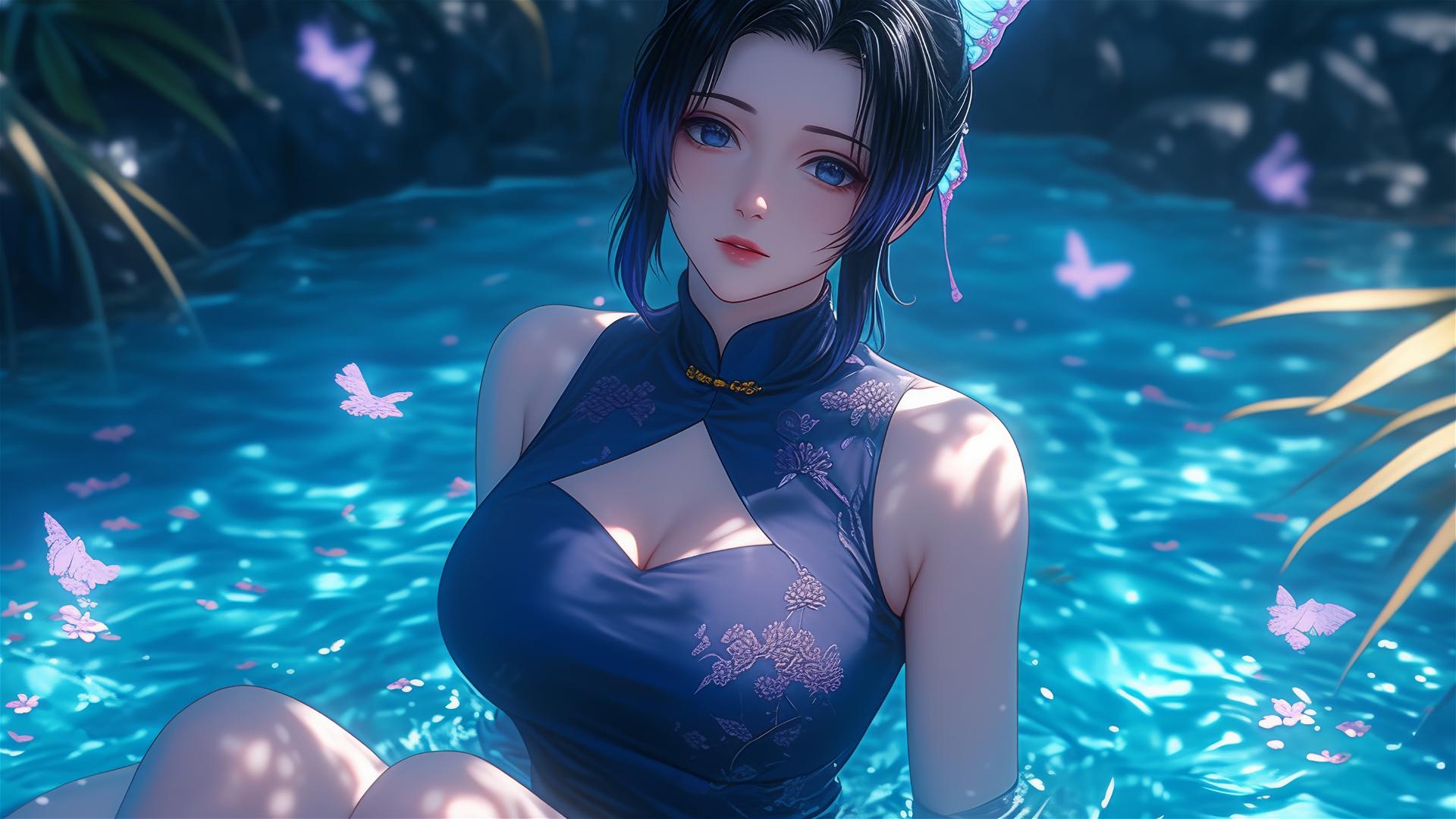 Shinobu Kocho in a cheongsam in a tub full of flowers at a Chinese spa